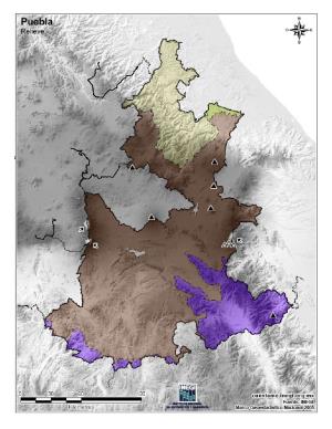 Mapa mudo de montañas de Puebla. INEGI de México