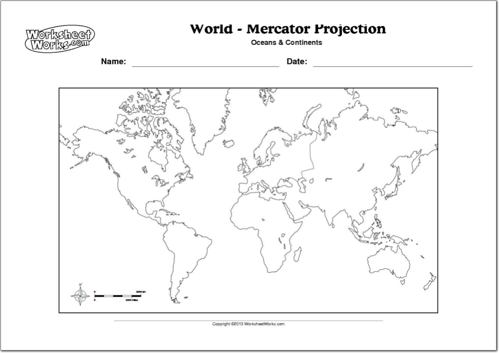 Mapa mudo de continentes y océanos del Mundo. WorksheetWorks