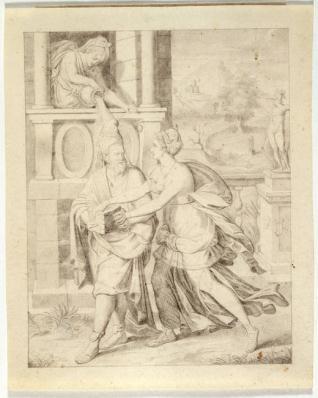 Mujer en una ventana, vertiendo agua de una jarra sobre la cabeza de un anciano con barba, que sostiene con ambas manos un libro abierto, que una joven intenta coger