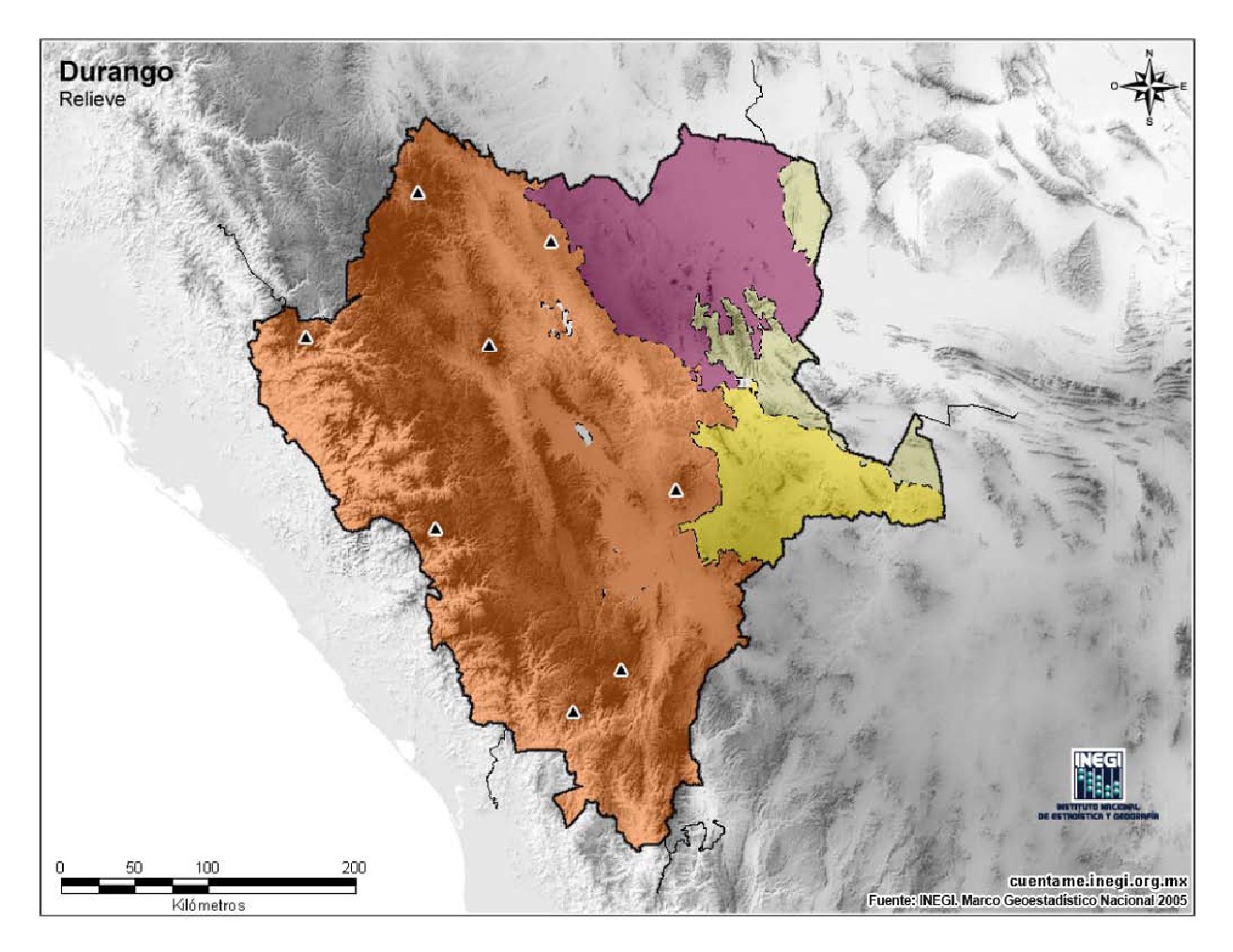 Mapa mudo de montañas de Durango. INEGI de México