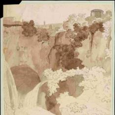 Vista de la cascada y el templo de Vesta en Tívoli