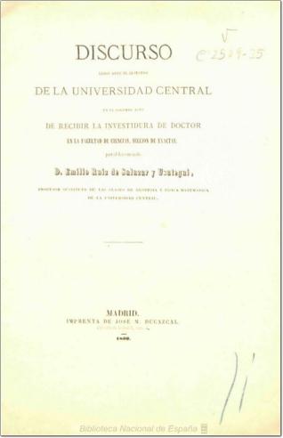 Discurso leído ante el Claustro de la Universidad Central en el solemne acto de recibir la investidura de Doctor en la Facultad de Ciencias, Sección de Exactas