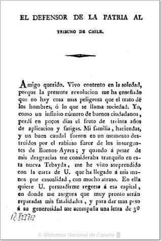 El Defensor de la Patria al Tribuno de Chile