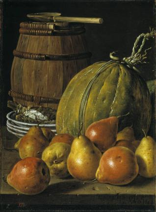 Bodegón: peras, melón, platos y barril
