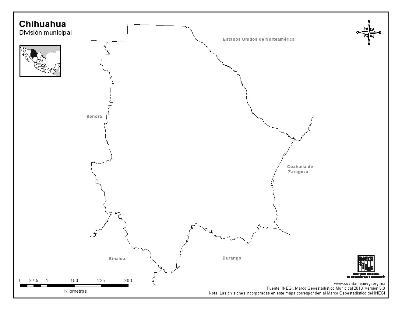 Mapa mudo de Chihuahua. INEGI de México