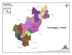 Mapa en color de los municipios de Querétaro. INEGI de México