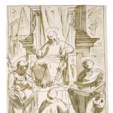 San Benito entronizado, acompañado por San Juan Bautista y San Lucas y un monje