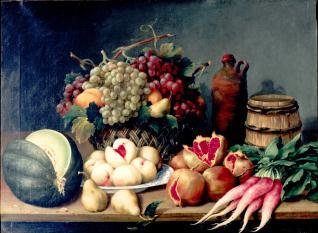 Bodegón de frutas y rábanos