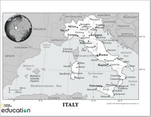 Mapa de ciudades y ríos de Italia. National Geographic
