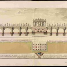 Alzado y planta del templo de Himeneo construido en la explanada que divide el Pont Neuf en dos partes