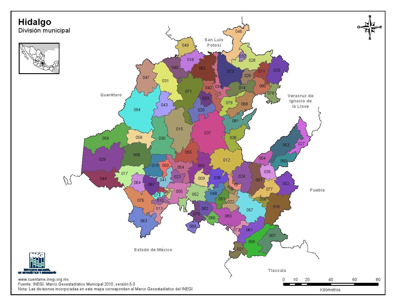 Mapa en color de los municipios de Hidalgo. INEGI de México