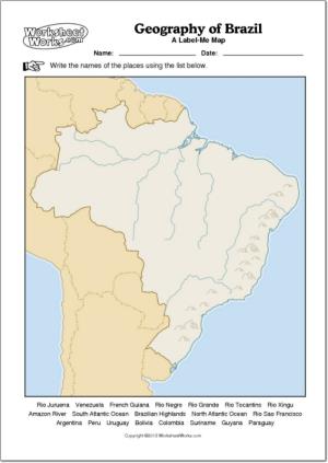 Mapa mudo de ríos y montañas de Brasil. WorksheetWorks