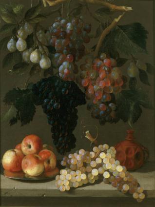 Bodegón de uvas, manzanas y ciruelas
