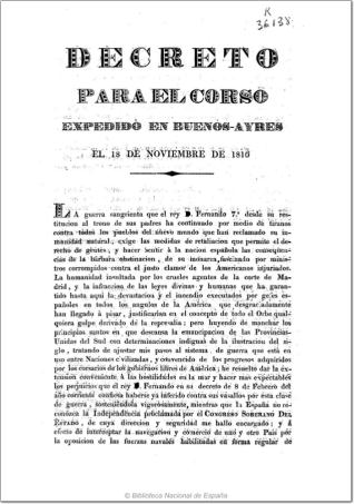 Decreto para el Corso expedido en Buenos Ayres el 18 de Noviembre de 1816