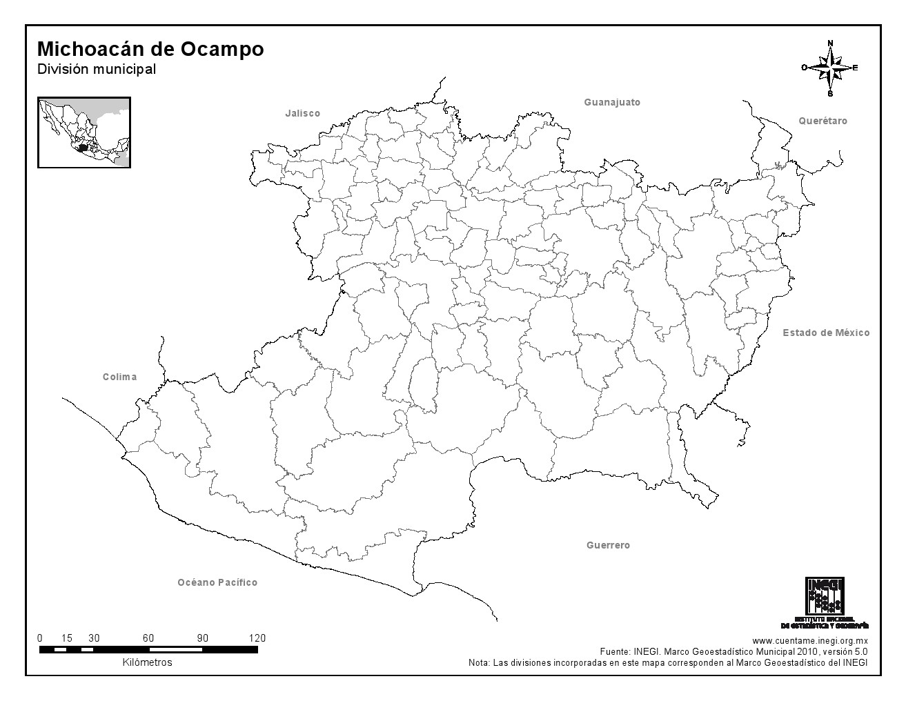 Mapa mudo de municipios de Michoacán de Ocampo. INEGI de México
