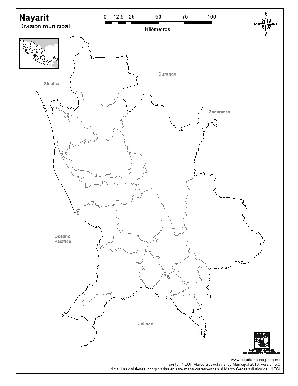 Mapa mudo de municipios de Nayarit. INEGI de México