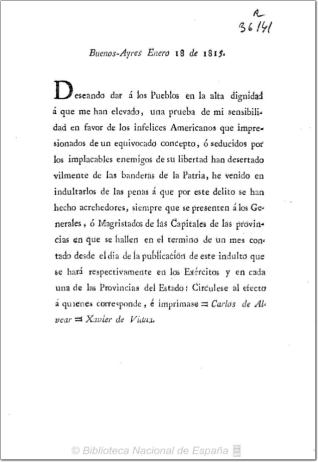 Indulto concedido a americanos desertores concedido en Buenos Aires, 18 enero 1815