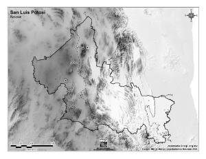 Mapa mudo de montañas de San Luis Potosí. INEGI de México