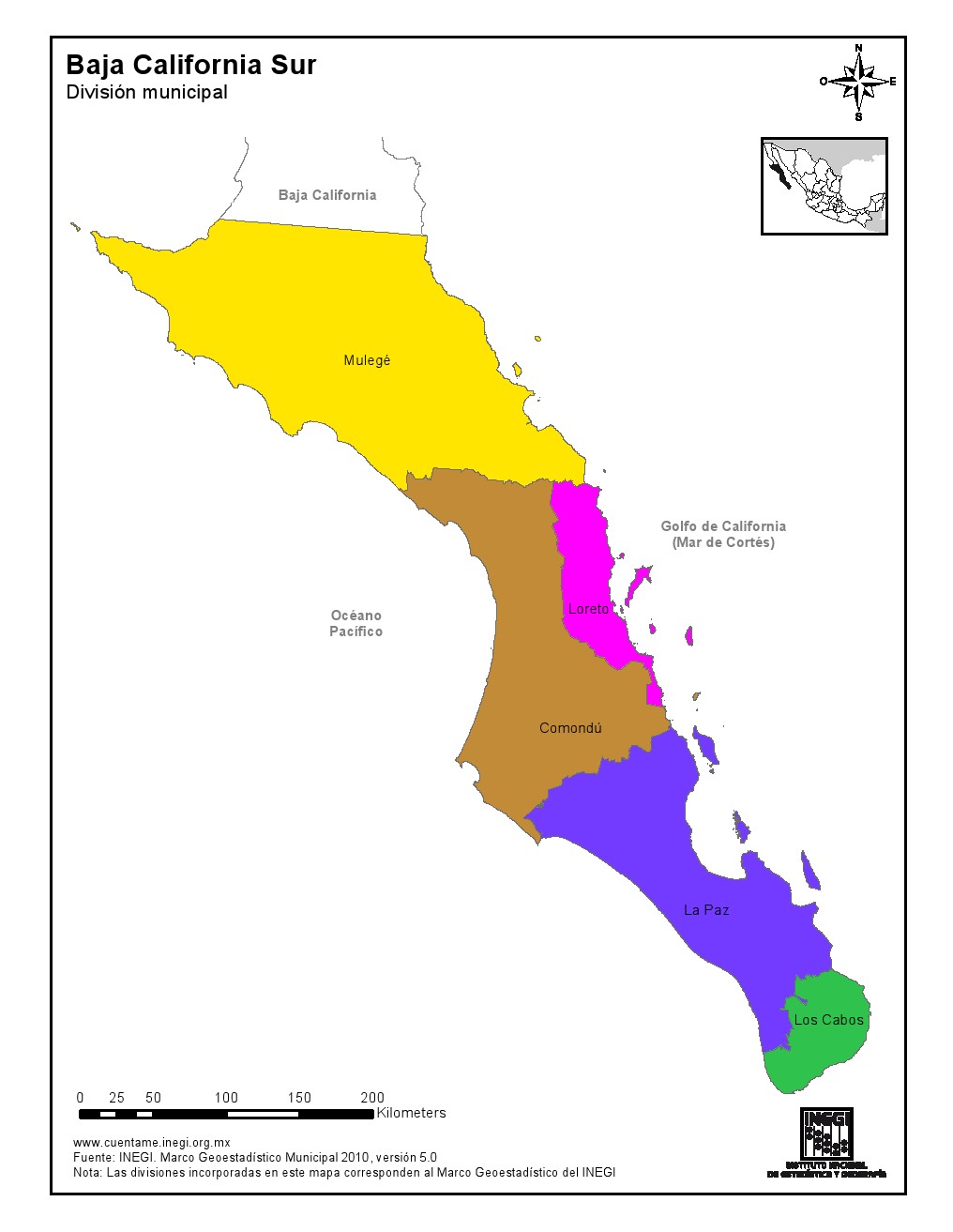 Mapa en color de los municipios de Baja California Sur. INEGI de México