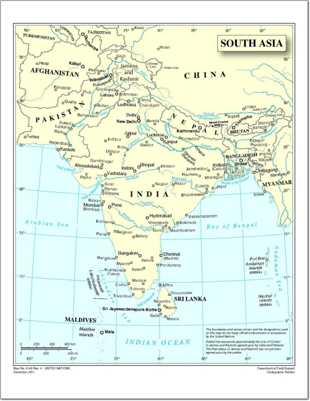 Mapa de países y capitales del sur de Asia. Naciones Unidas