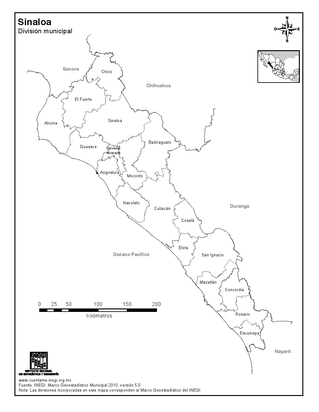 Mapa de municipios de Sinaloa. INEGI de México