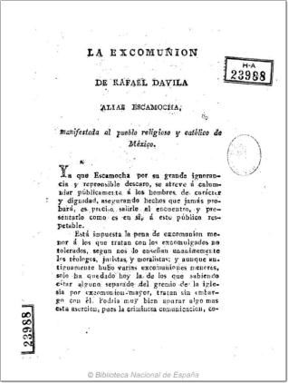 La excomunión de Rafael Davila, alias Escamocha, manifestada al pueblo religioso y católico de México