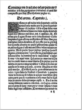 De proprietatibus rerum, lib. XVI (en castellano:) Tratado de los metales e piedras preciosas e de sus virtudes