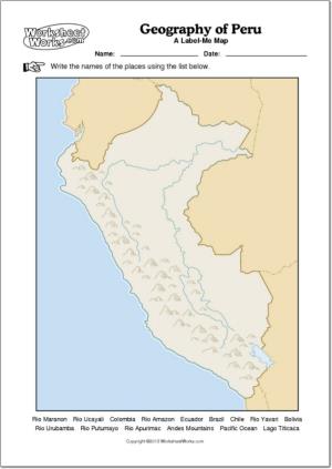 Mapa mudo de ríos y montañas de Perú. WorksheetWorks