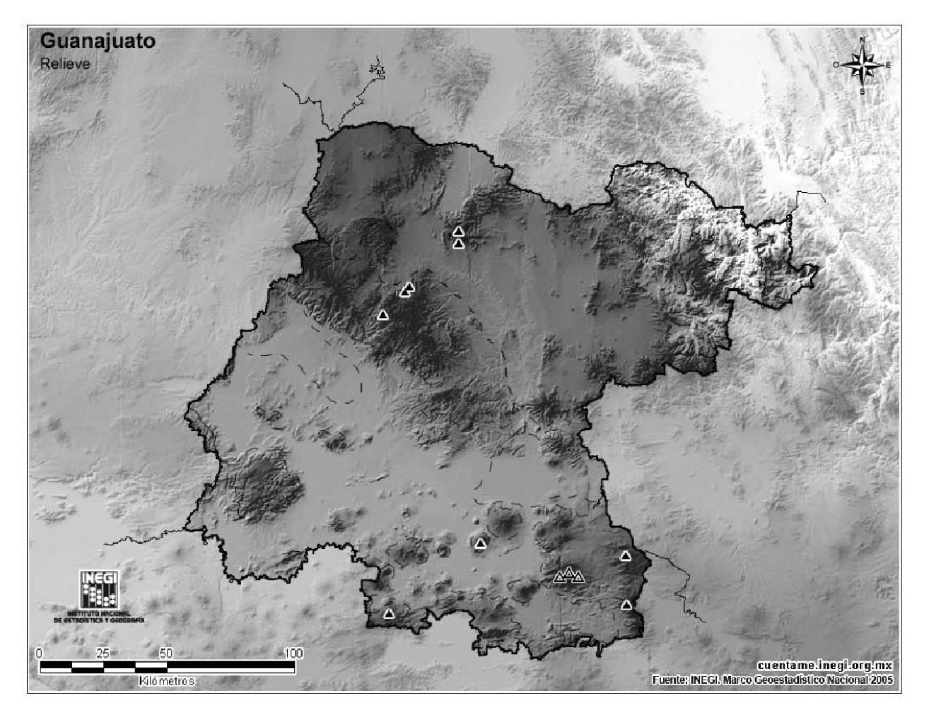 Mapa mudo de montañas de Guanajuato. INEGI de México