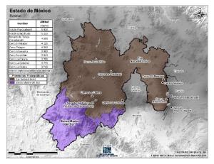 Mapa en color de montañas del Estado de México. INEGI de México