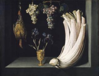 Bodegón con cardo, francolín, uvas y lirios
