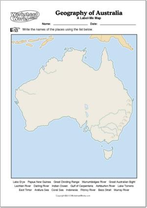 Mapa mudo de ríos y montañas de Australia. WorksheetWorks