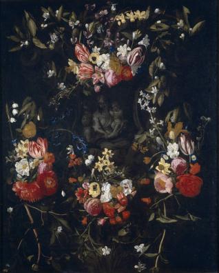 Guirnalda de flores con la Virgen, el Niño y San Juan