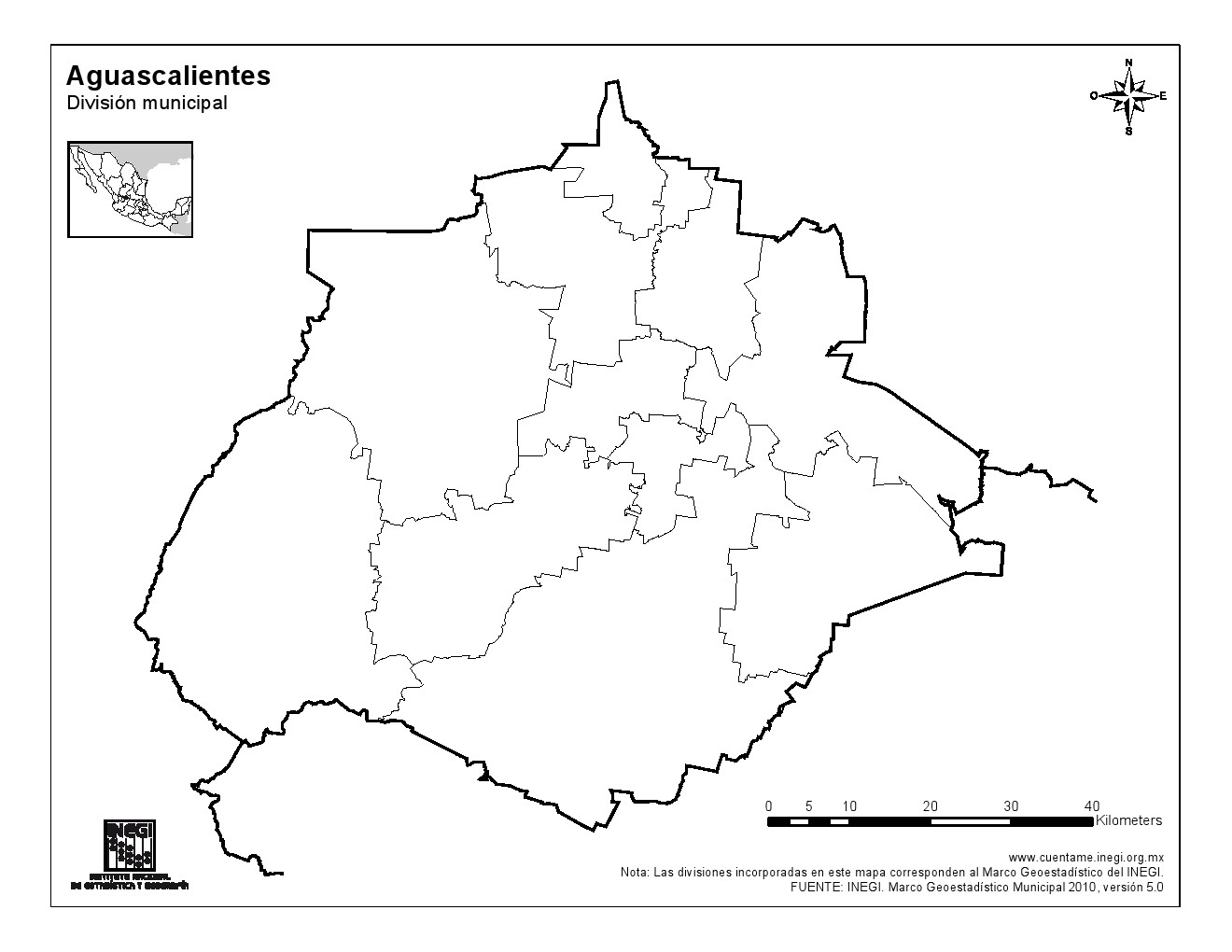 Mapa mudo de municipios de Aguascalientes. INEGI de México