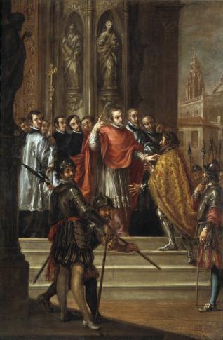 San Ambrosio negando al emperador Teodosio la entrada en el templo