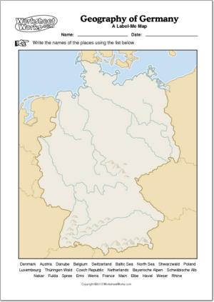 Mapa mudo de ríos y montañas de Alemania. WorksheetWorks