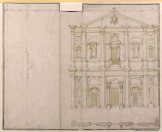 Alzado, planta y perfil de la fachada de la iglesia de San Luigi dei Francesi, Roma