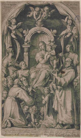 La Virgen en un trono rodeada de Santos