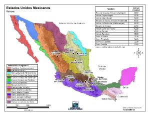 Mapa en color de montañas de México. INEGI de México