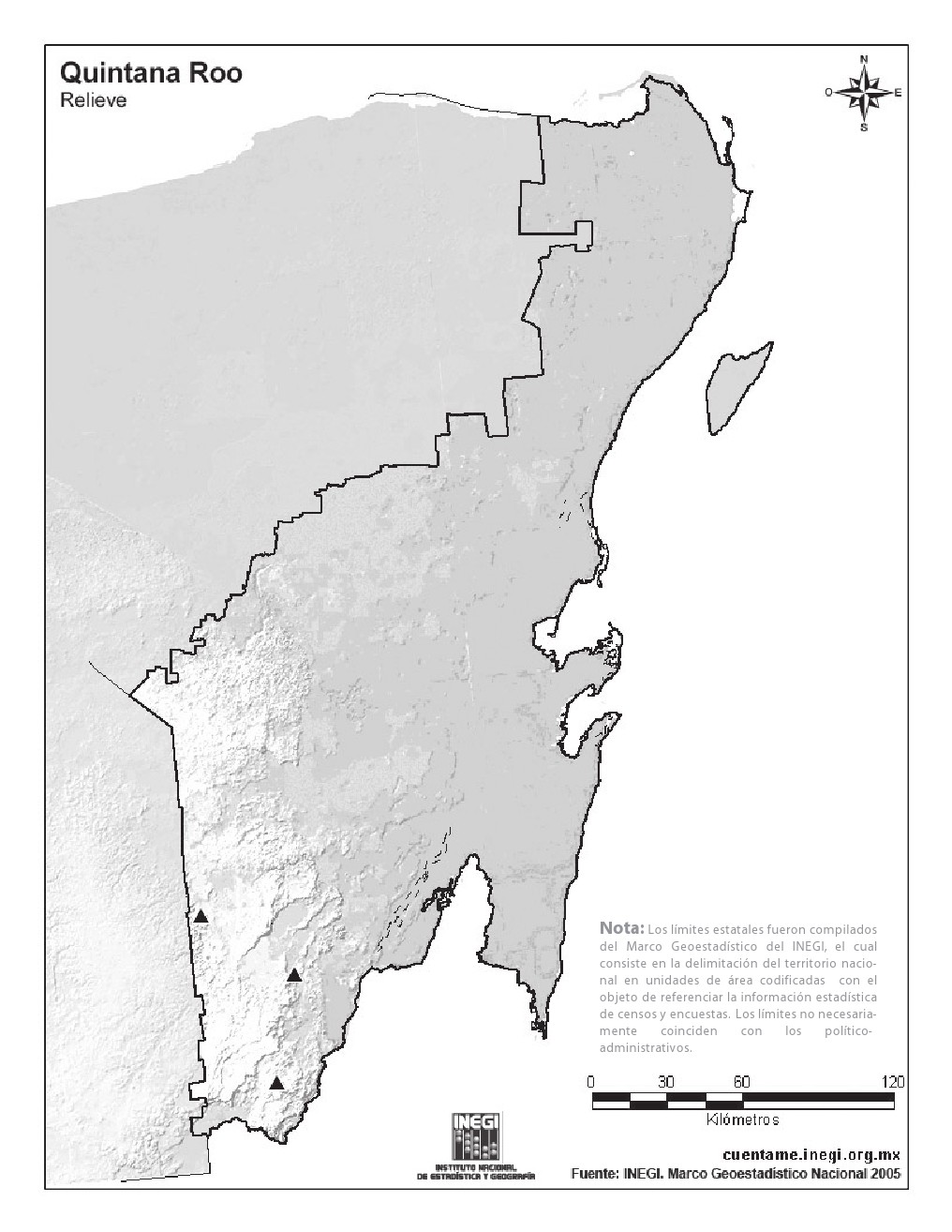 Mapa mudo de montañas de Quintana Roo. INEGI de México