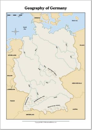 Mapa de ríos y montañas de Alemania. WorksheetWorks