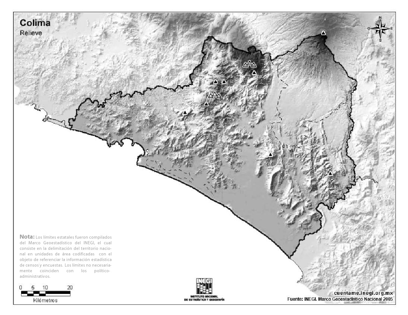 Mapa mudo de montañas de Colima. INEGI de México