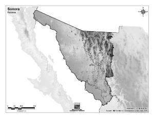 Mapa mudo de montañas de Sonora. INEGI de México