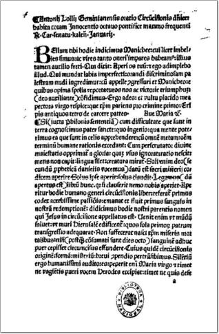 Oratio in die Circumcisionis coram Innocentio VIII. habita, anno 1485