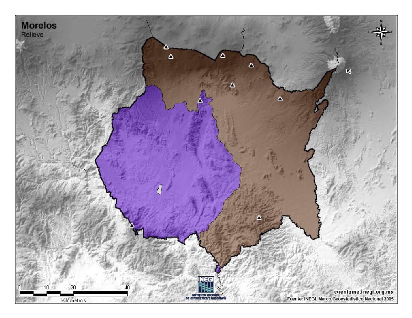 Mapa mudo de montañas de Morelos. INEGI de México