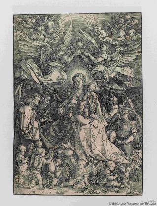 La Virgen y el niño rodeados de muchos ángeles