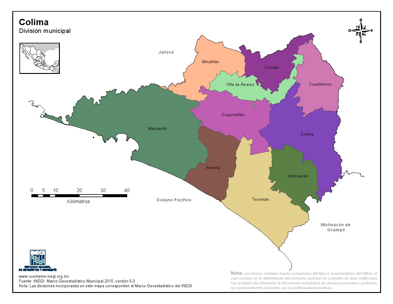 Mapa en color de los municipios de Colima. INEGI de México