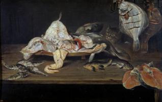 Bodegón: pescados y un gato tras la mesa