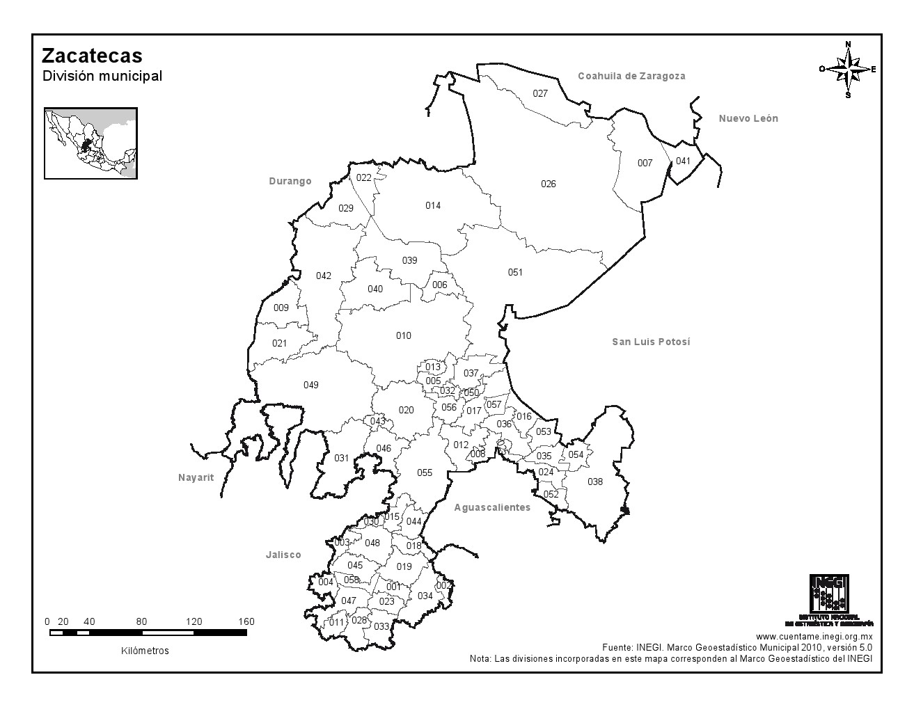 Mapa de municipios de Zacatecas. INEGI de México