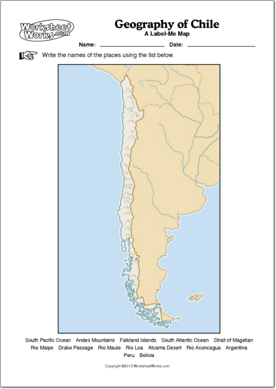 Mapa mudo de ríos y montañas de Chile. WorksheetWorks